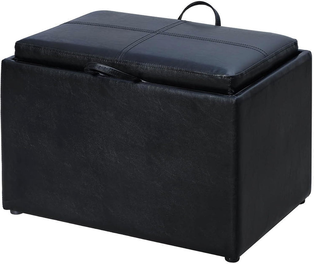 Black Faux Leather Tray Top Storage Ottoman Stool