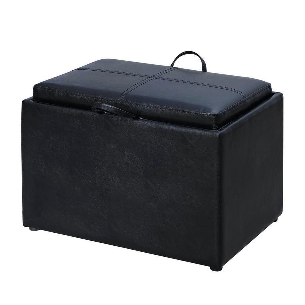 Black Faux Leather Tray Top Storage Ottoman Stool