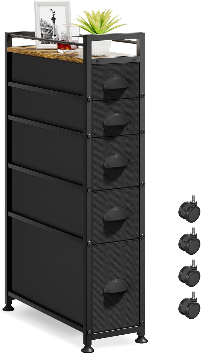 Black Wheeled 5-Drawer Slim Storage Dresser