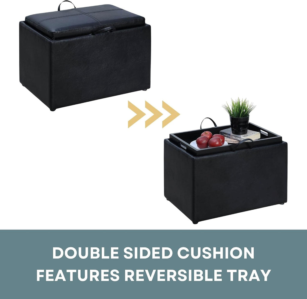 Black Faux Leather Tray Top Storage Ottoman Stool