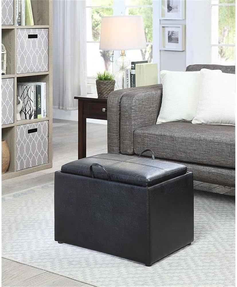 Black Faux Leather Tray Top Storage Ottoman Stool