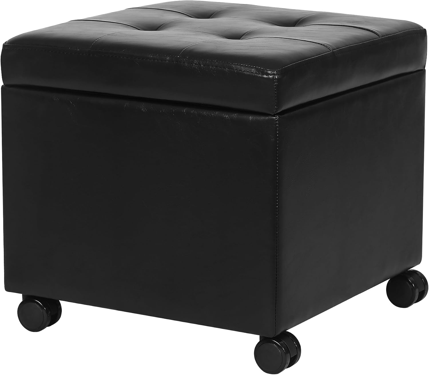 Black Tufted Wheeled Square Leather Storage Ottoman