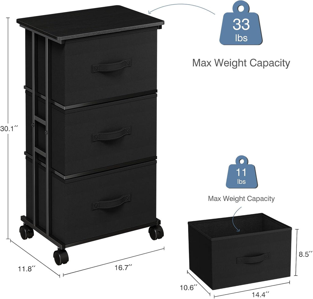 Black 3-Drawer Wheeled Fabric Storage Dresser