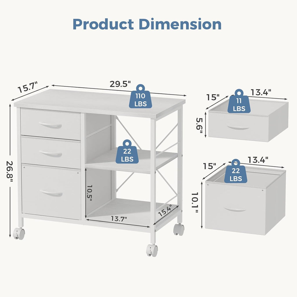 White 3-Drawer Rolling Fabric File Cabinet