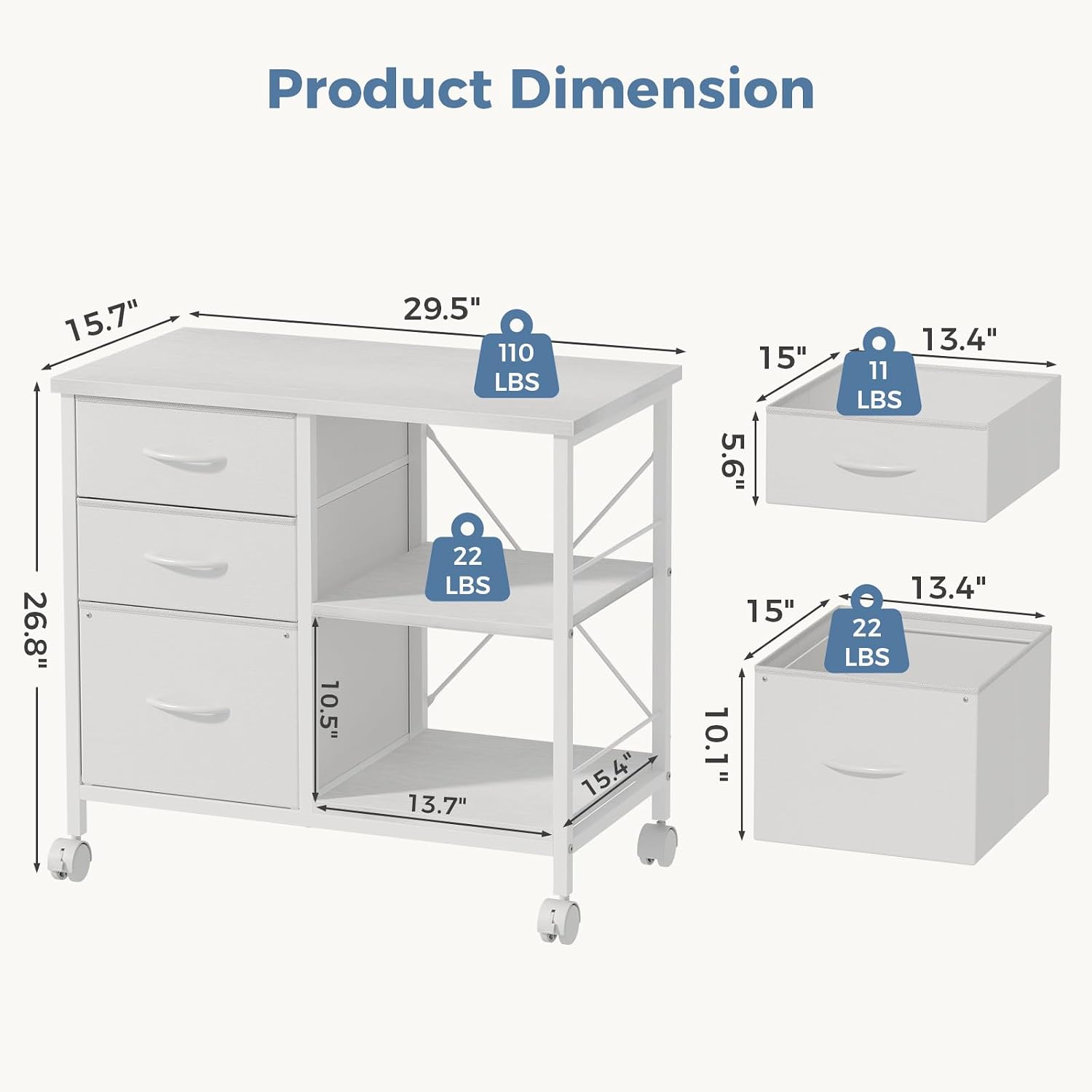 White 3-Drawer Rolling Fabric File Cabinet