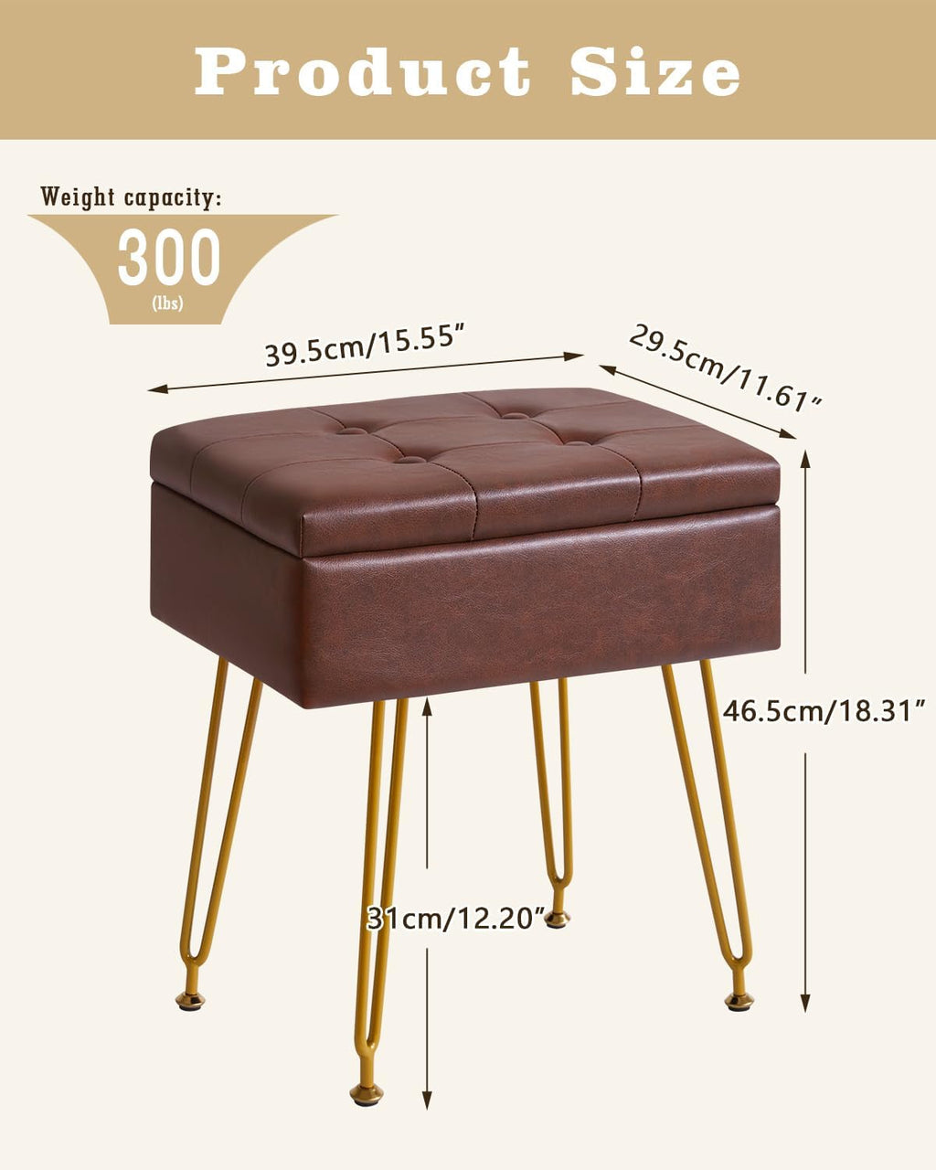 Brown PU Leather Adjustable Flip Top Vanity Stool