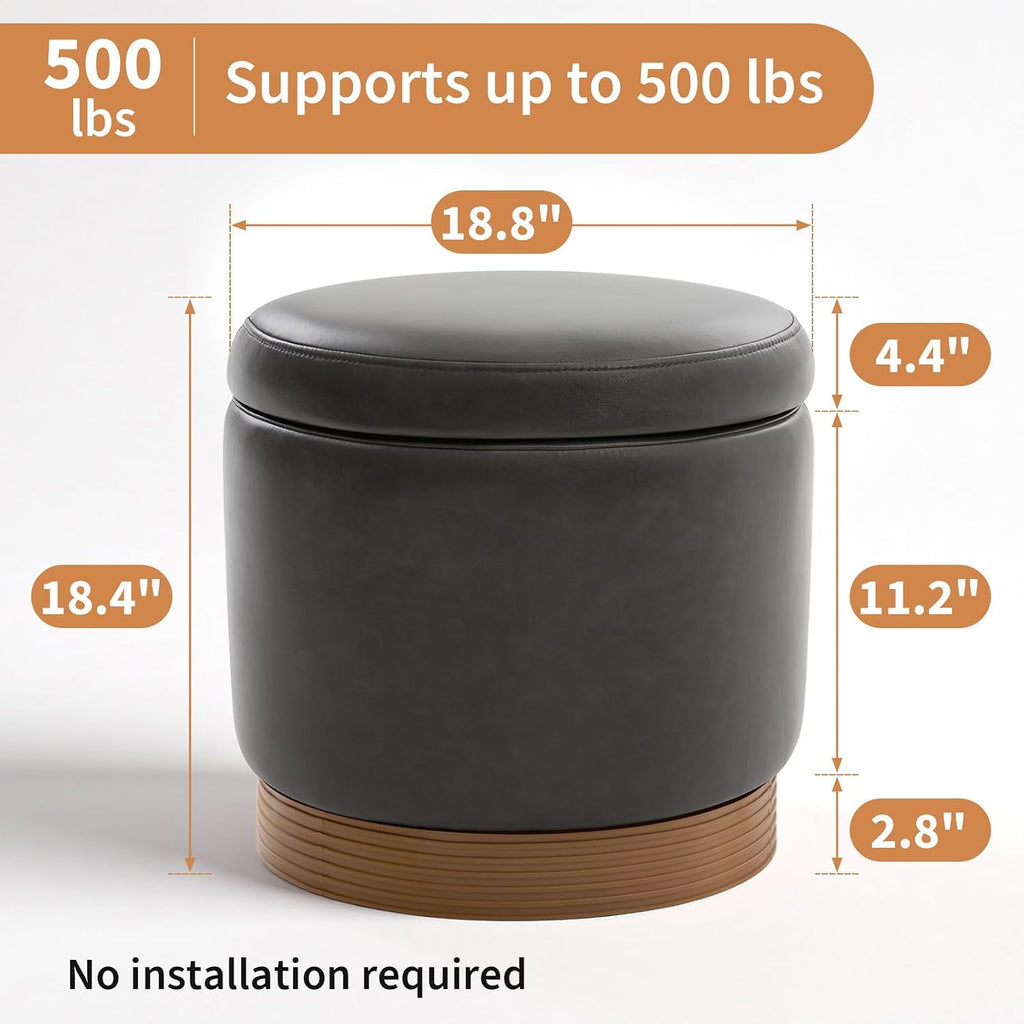 Grey Faux Leather Round Swivel Tray Top Ottoman