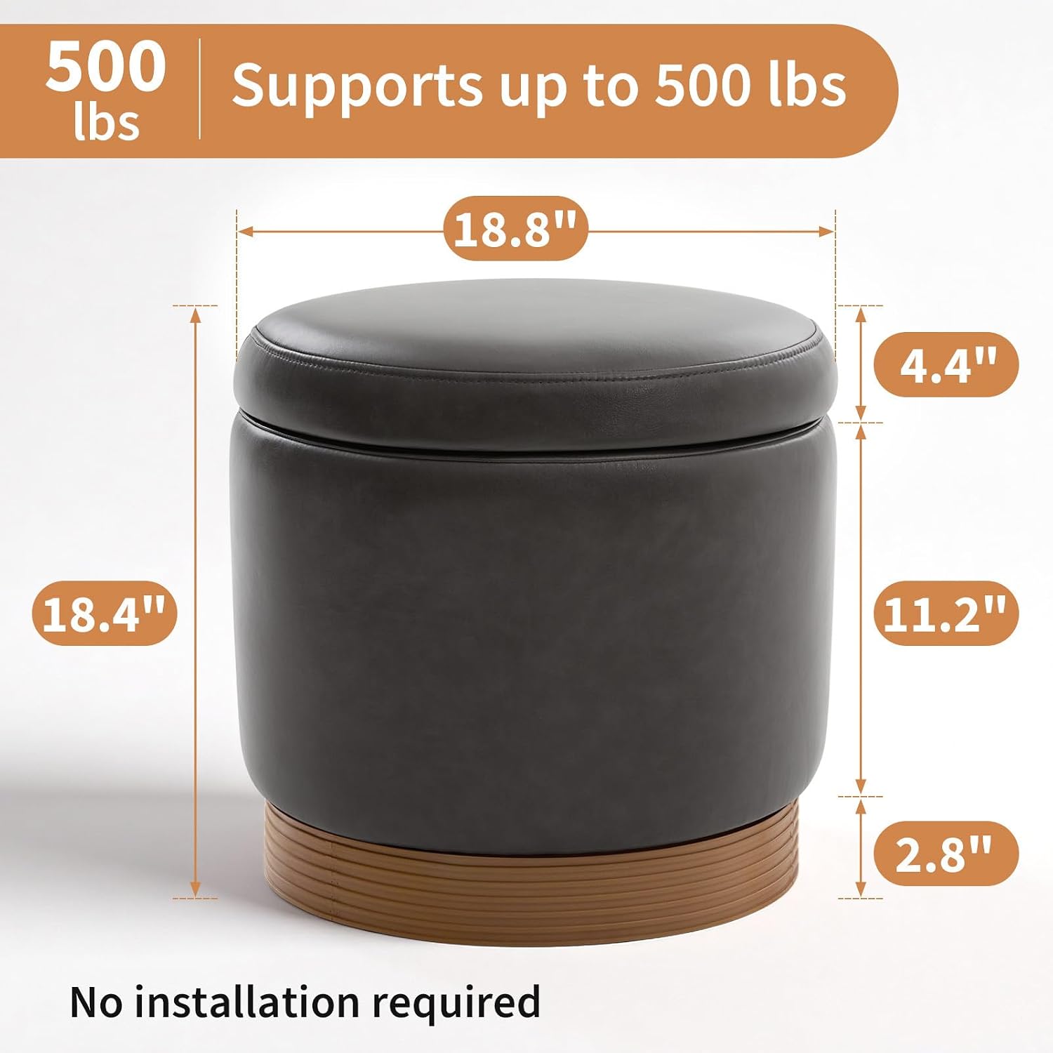 Grey Faux Leather Round Swivel Tray Top Ottoman