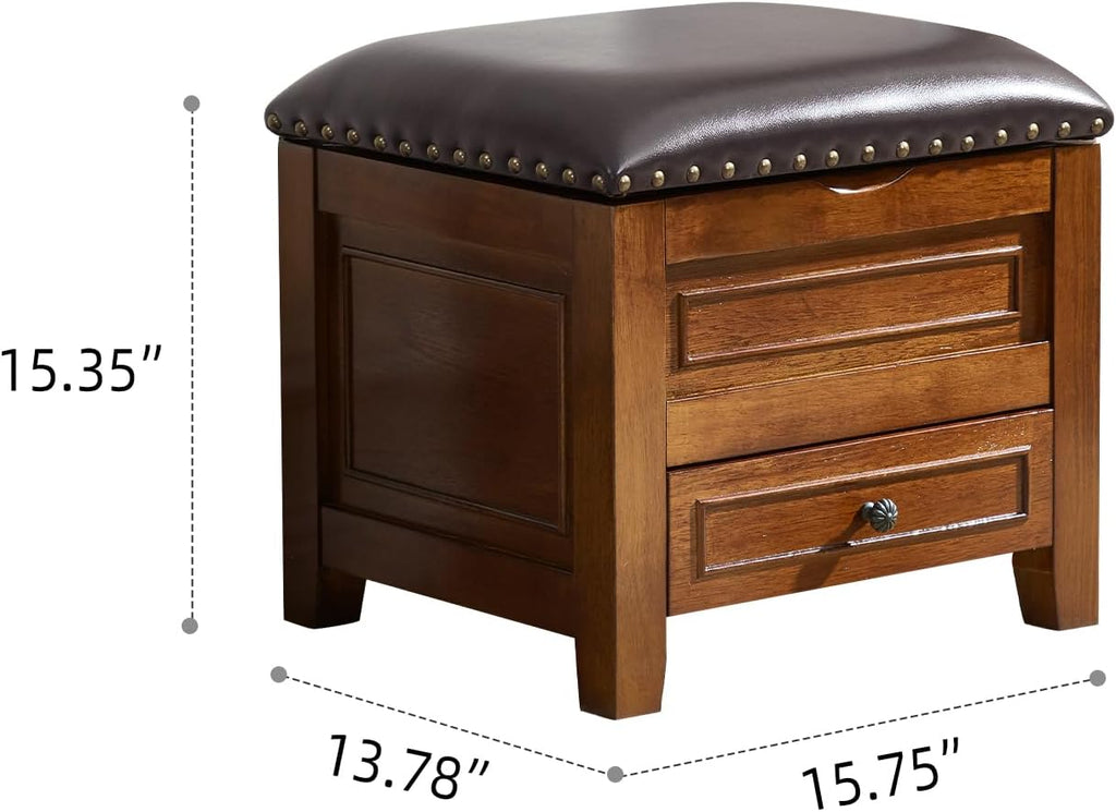 Nailhead Microfiber Leather Drawer Storage Ottoman
