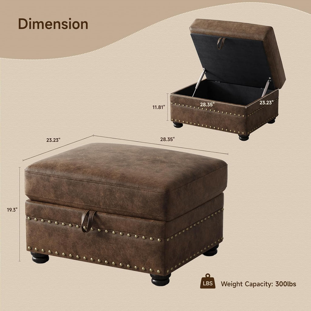 Brown Nailhead Trim Leather Storage Ottoman Bench