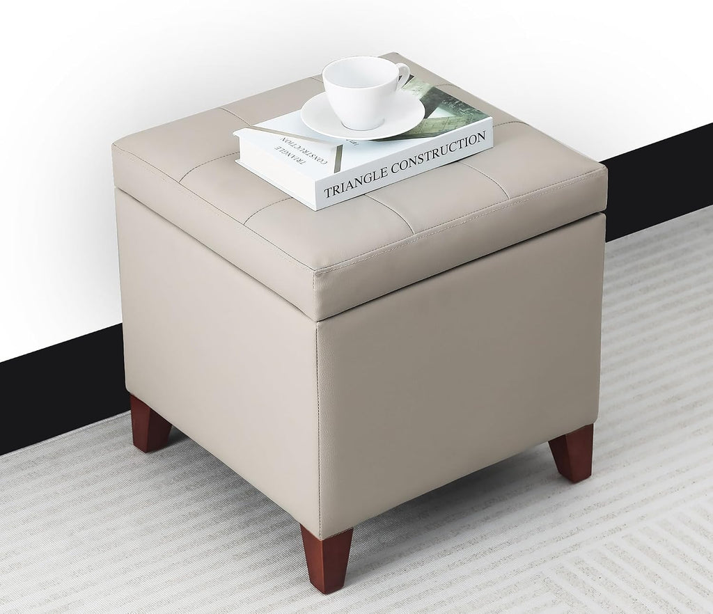 Grey Faux Leather Square Lift-Top Storage Ottoman