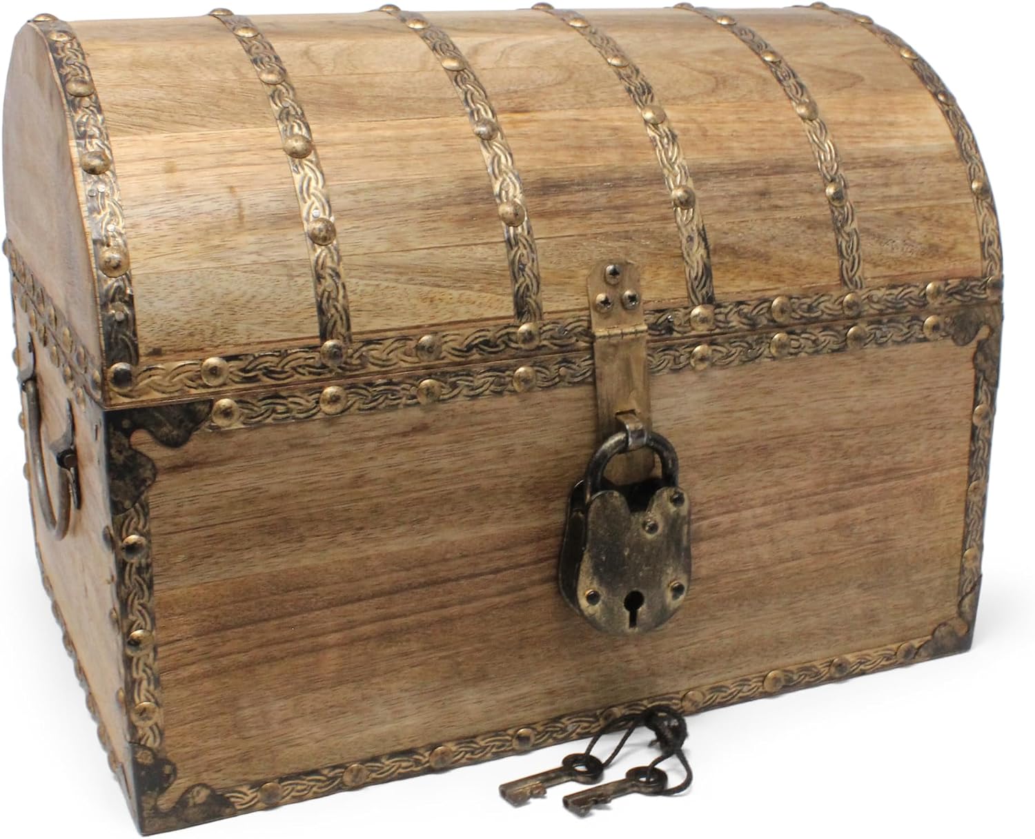 Large Antique Wooden Chest with Iron Rivets Lock