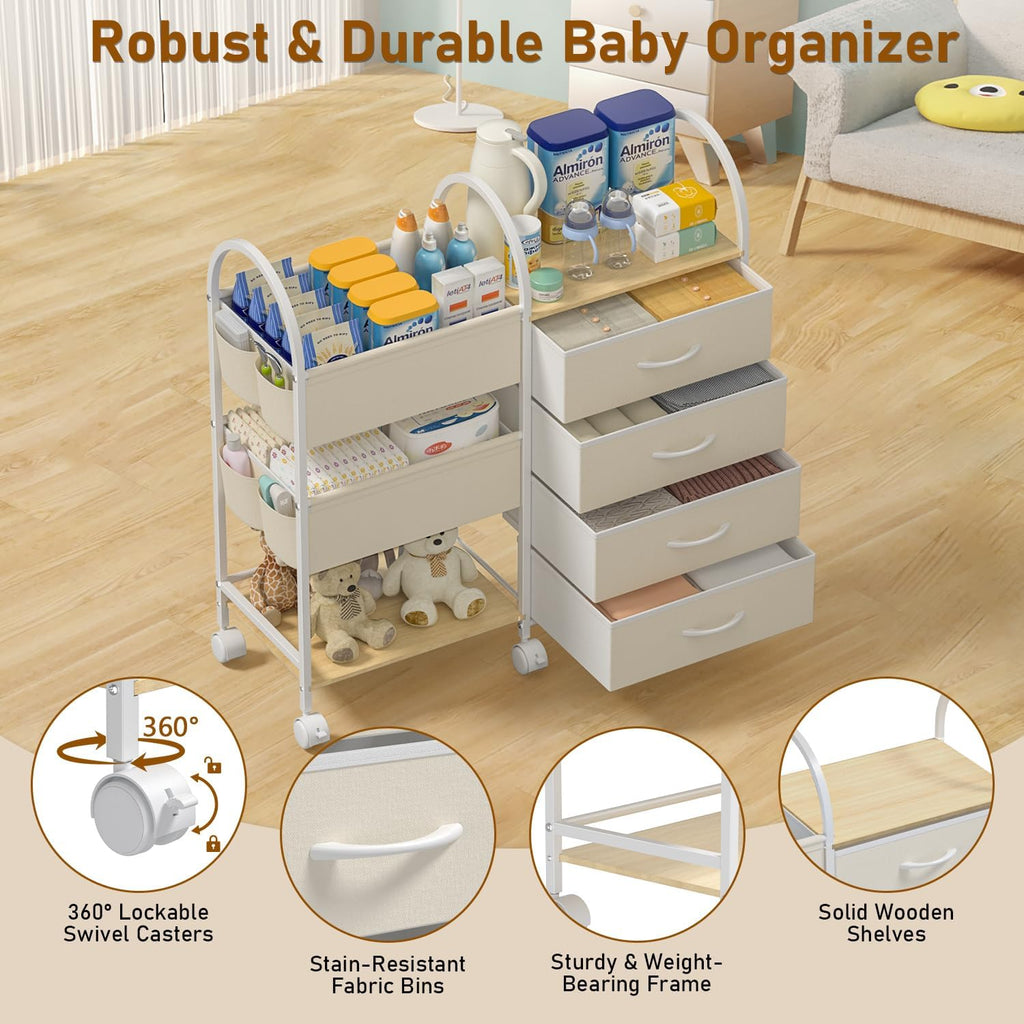 White 4-Tier Rolling Nursery Storage Cart