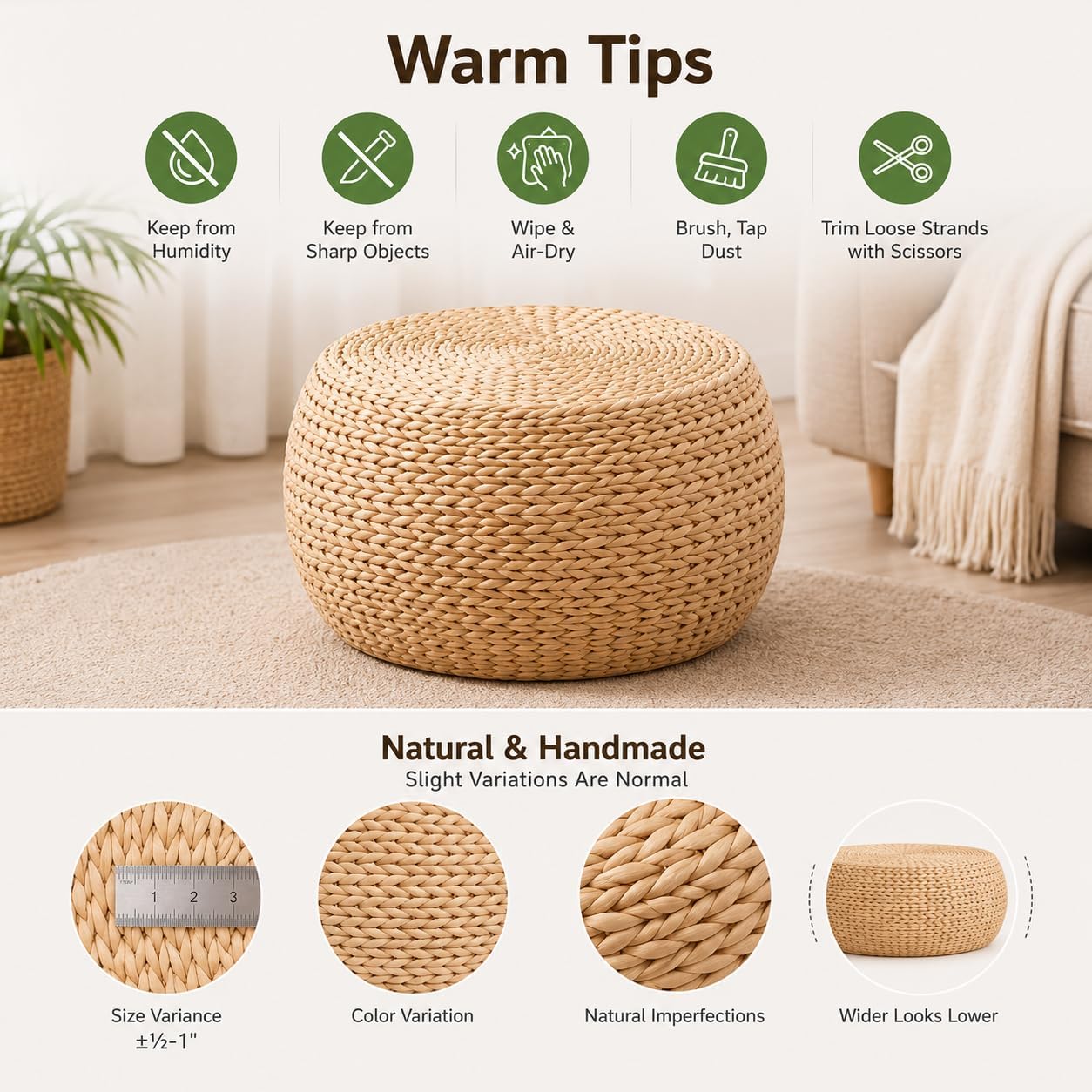 Natural Straw Round Pouf with Solid Wood Frame