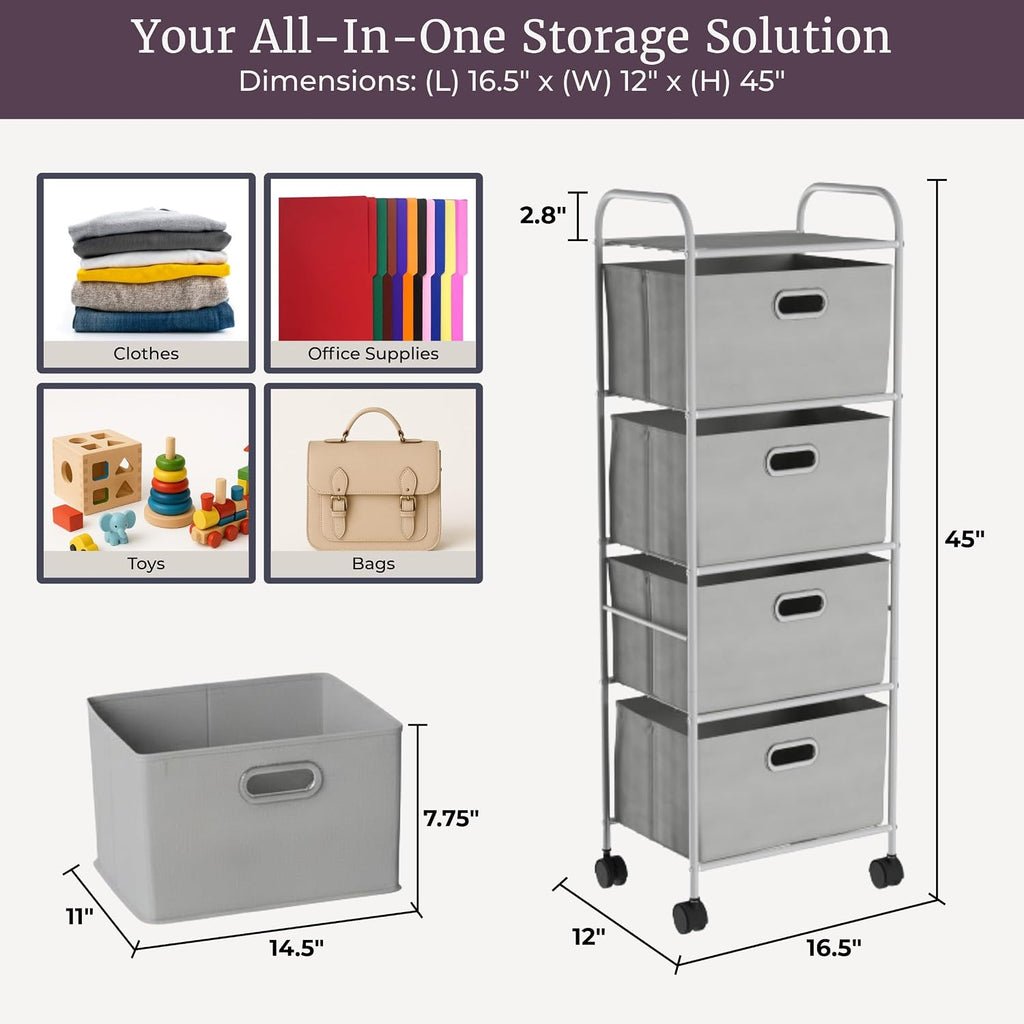 Gray Wheeled Slim 4-Drawer Fabric Dresser