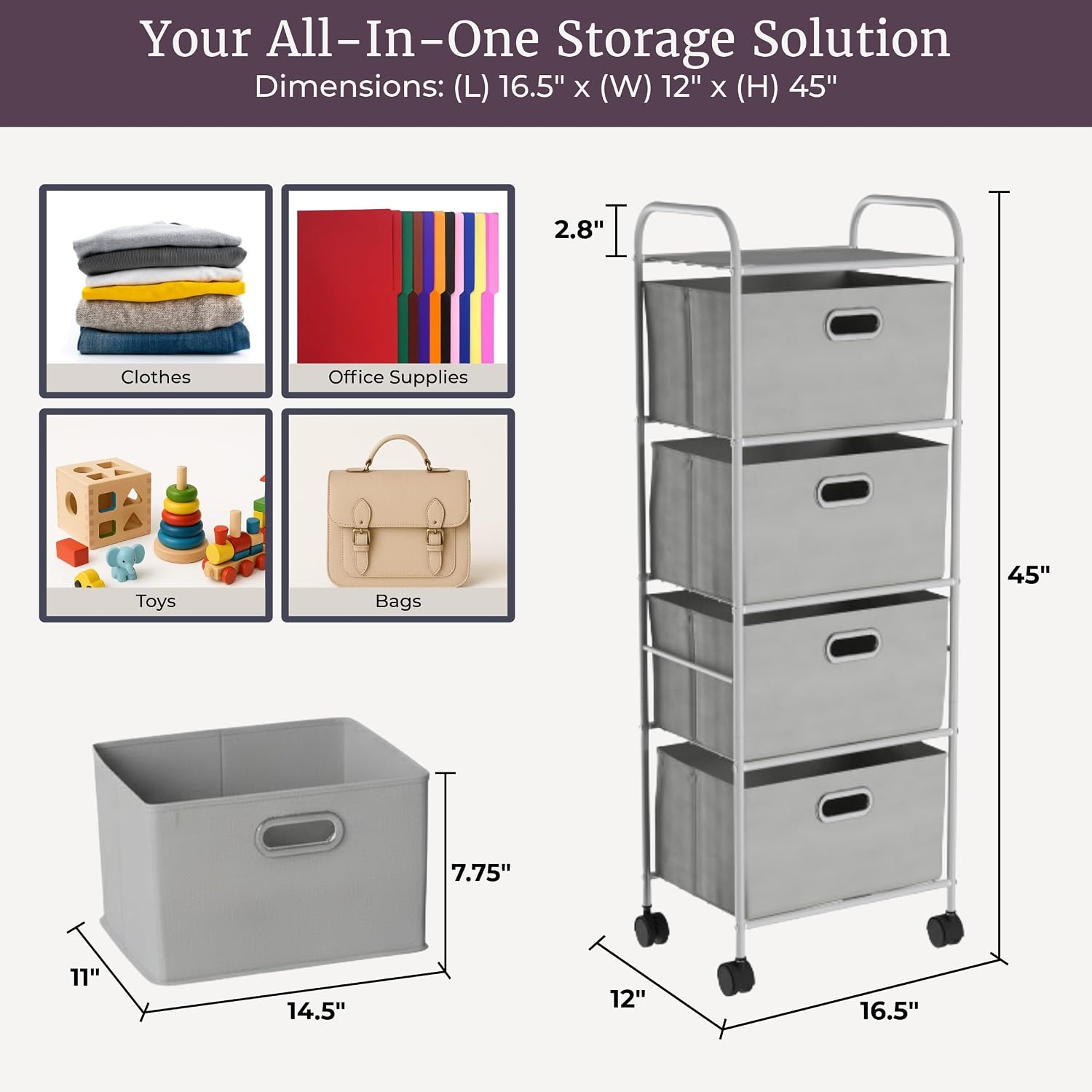 Gray Wheeled Slim 4-Drawer Fabric Dresser