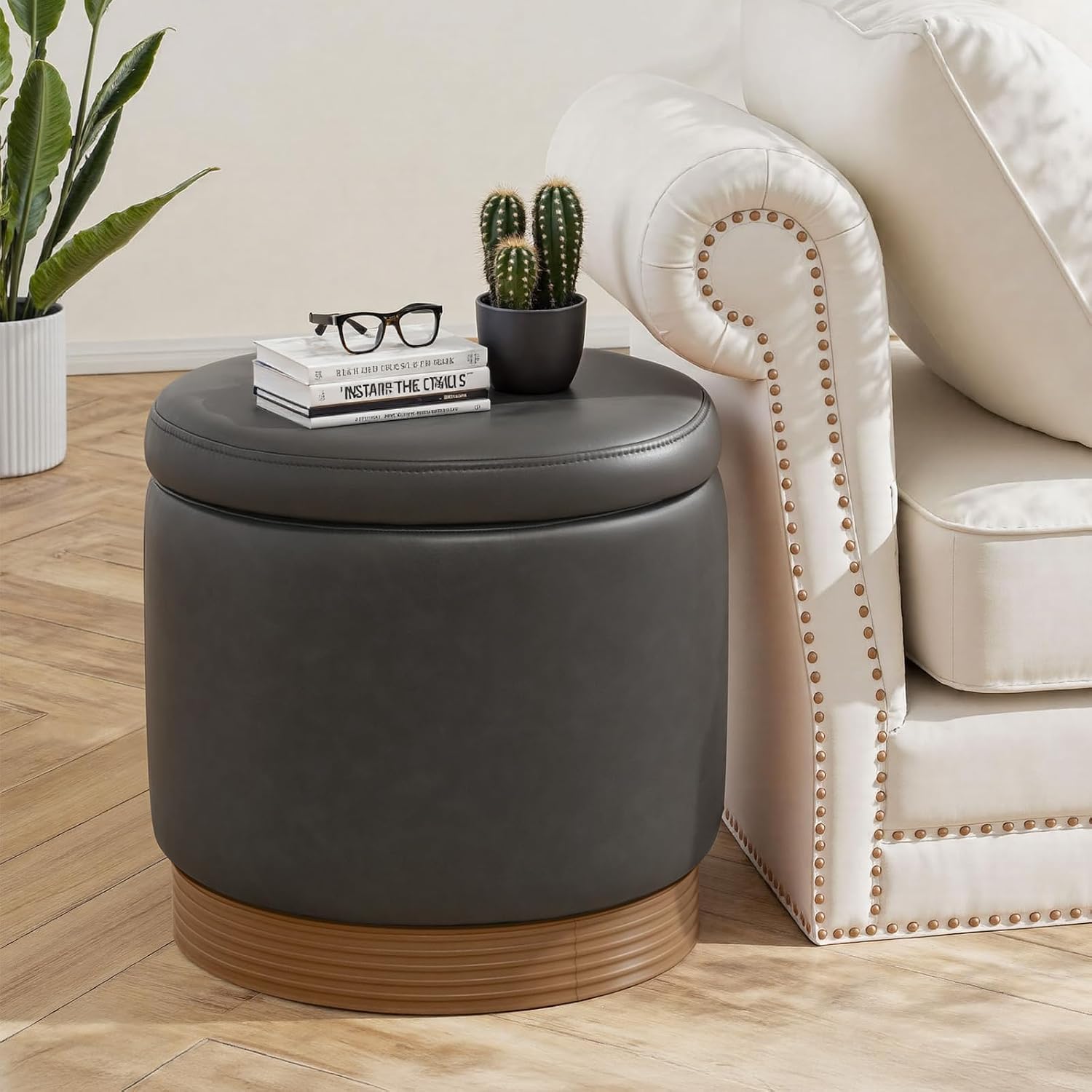 Grey Faux Leather Round Swivel Tray Top Ottoman