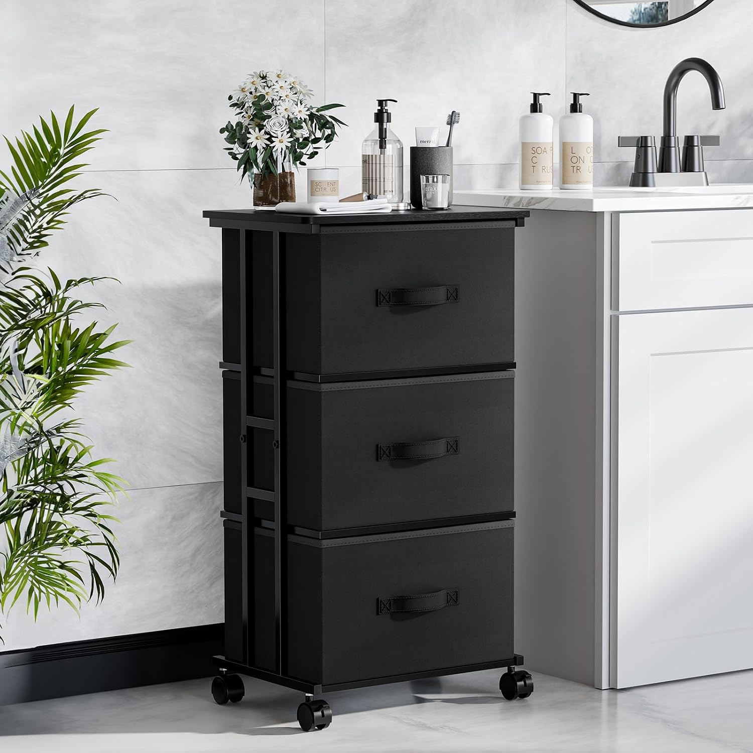 Black 3-Drawer Wheeled Fabric Storage Dresser