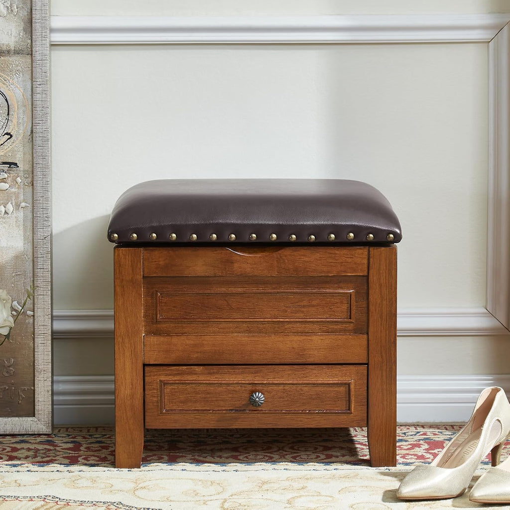 Nailhead Microfiber Leather Drawer Storage Ottoman