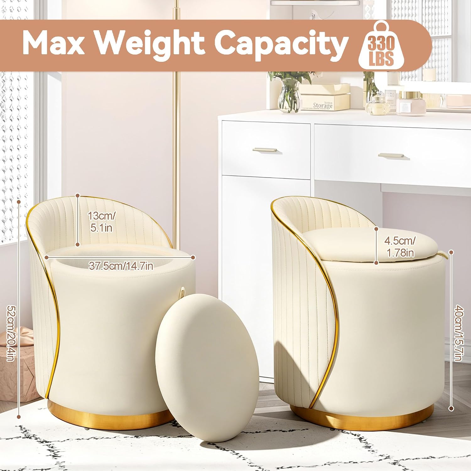 Beige Faux Fur Swivel Vanity Stool with Storage Back