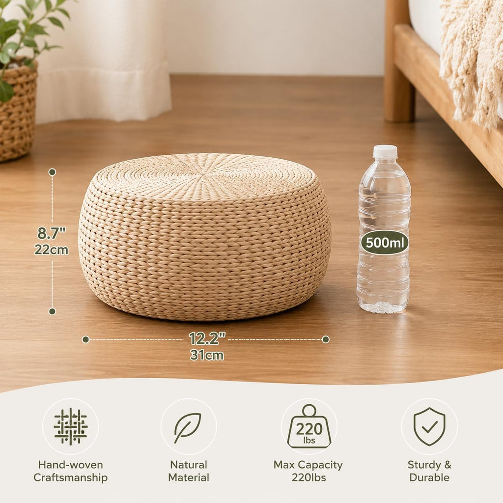 Natural Straw Round Pouf with Solid Wood Frame