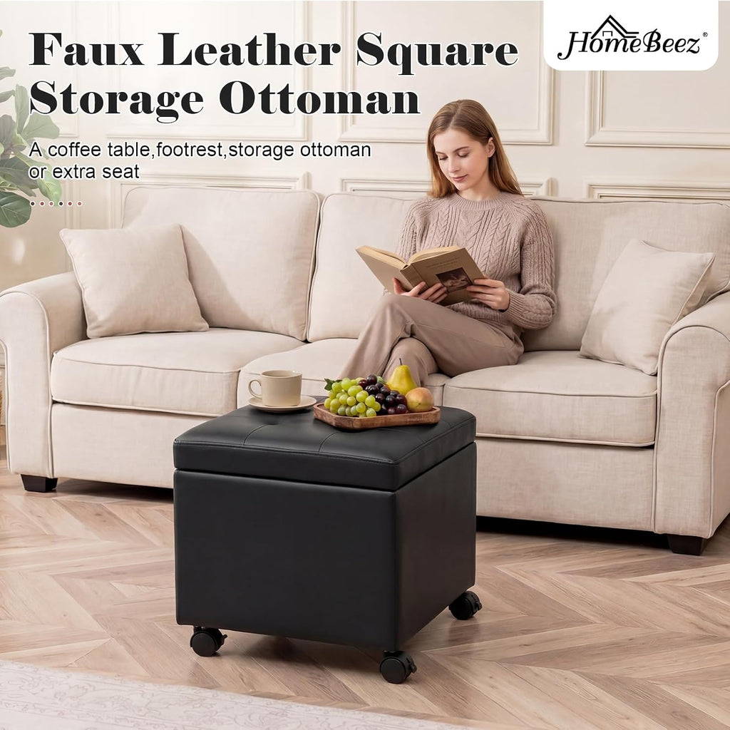 Black Tufted Wheeled Square Leather Storage Ottoman