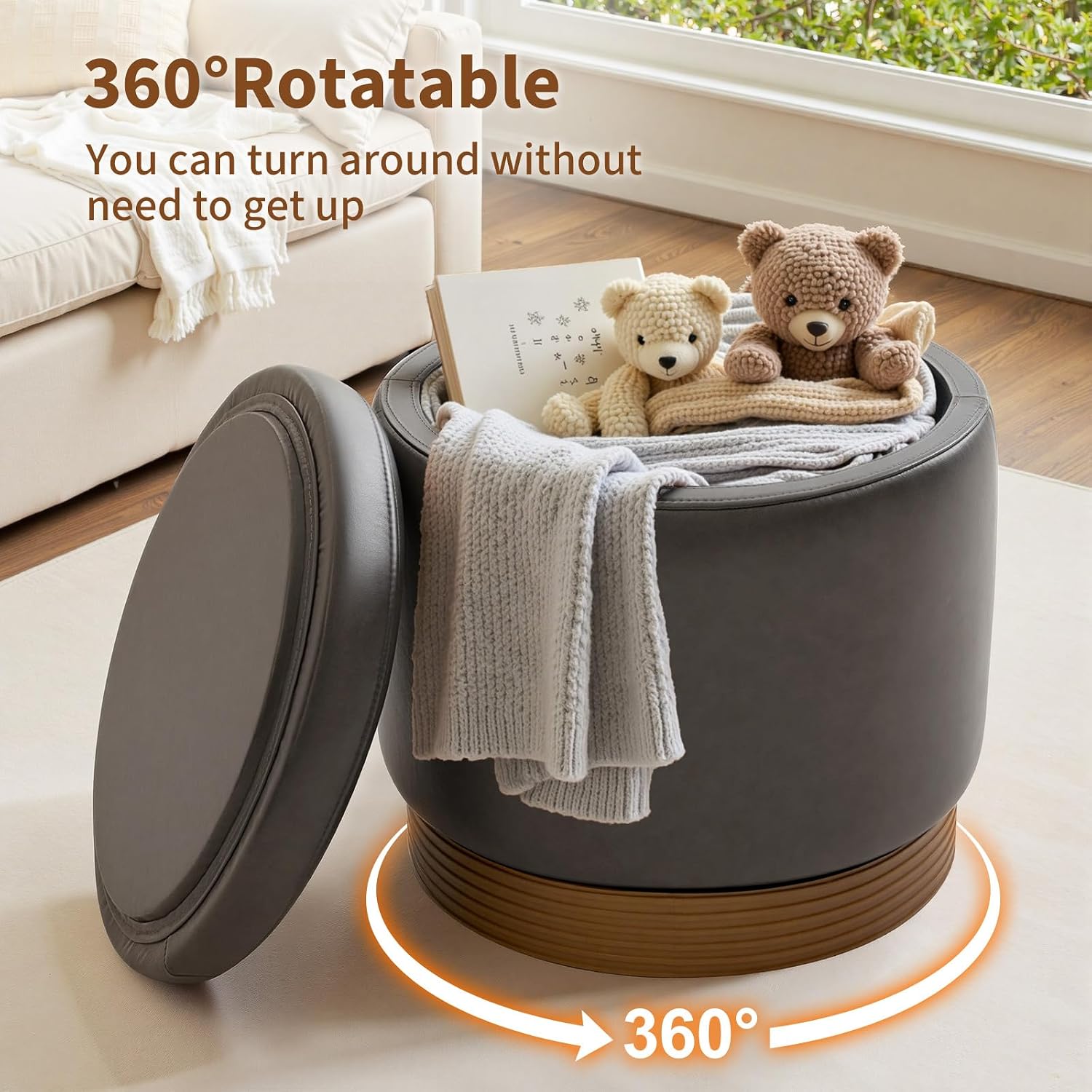 Grey Faux Leather Round Swivel Tray Top Ottoman