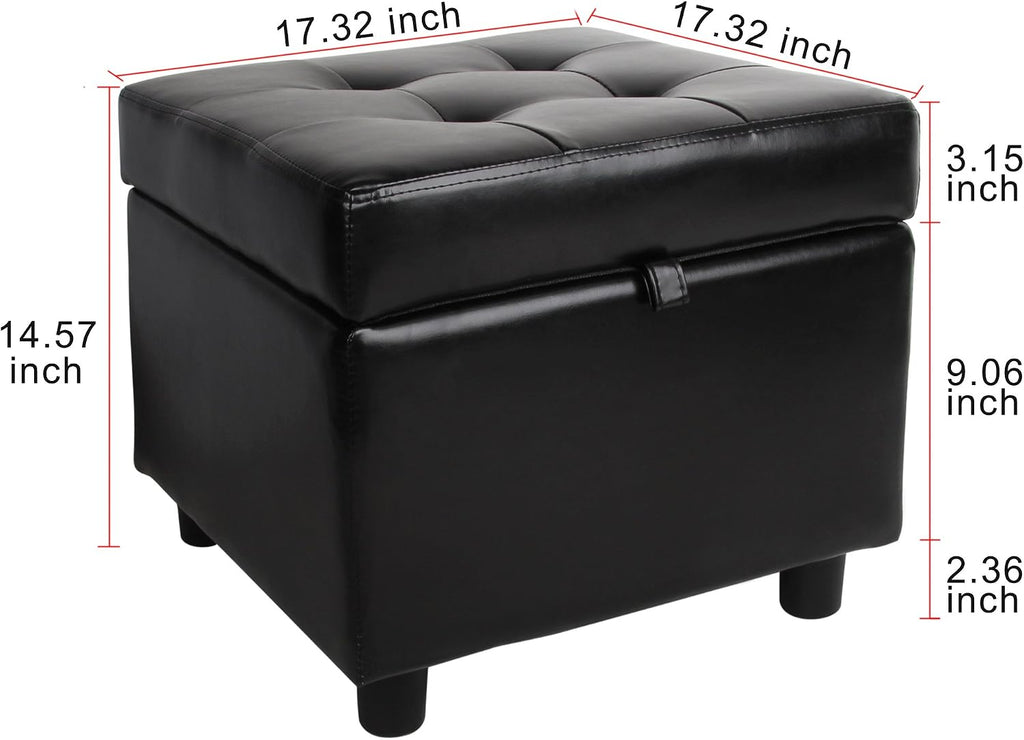 Black Tufted Leather Square Flip Top Storage Ottoman