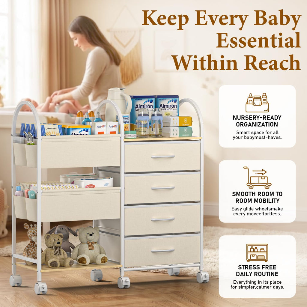 White 4-Tier Rolling Nursery Storage Cart