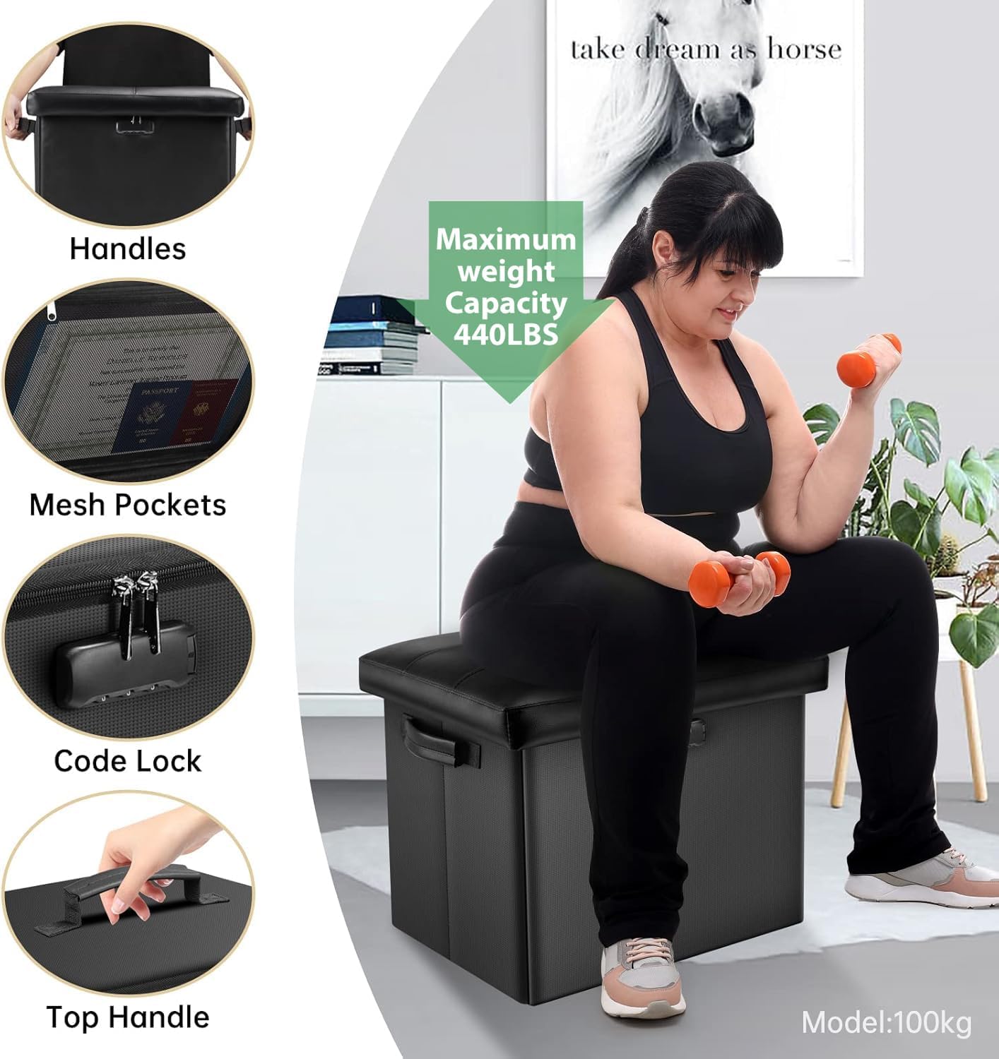 Black Fireproof Lockable Folding Storage Ottoman