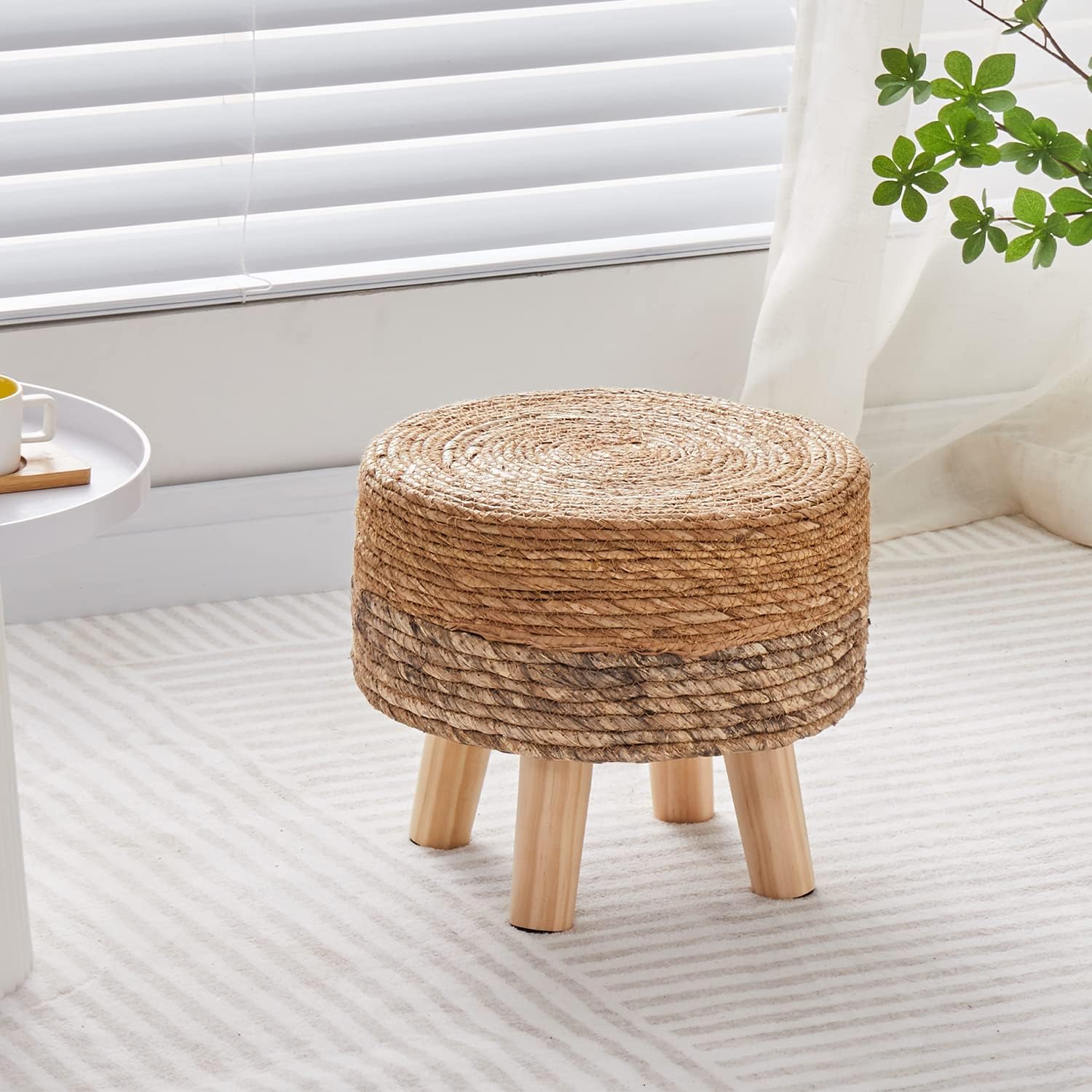 Handwoven Round Seagrass Padded Outdoor Ottoman Stool