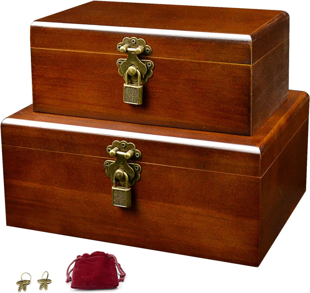 2 Lockable Wooden Keepsake Boxes with Hinged Lids