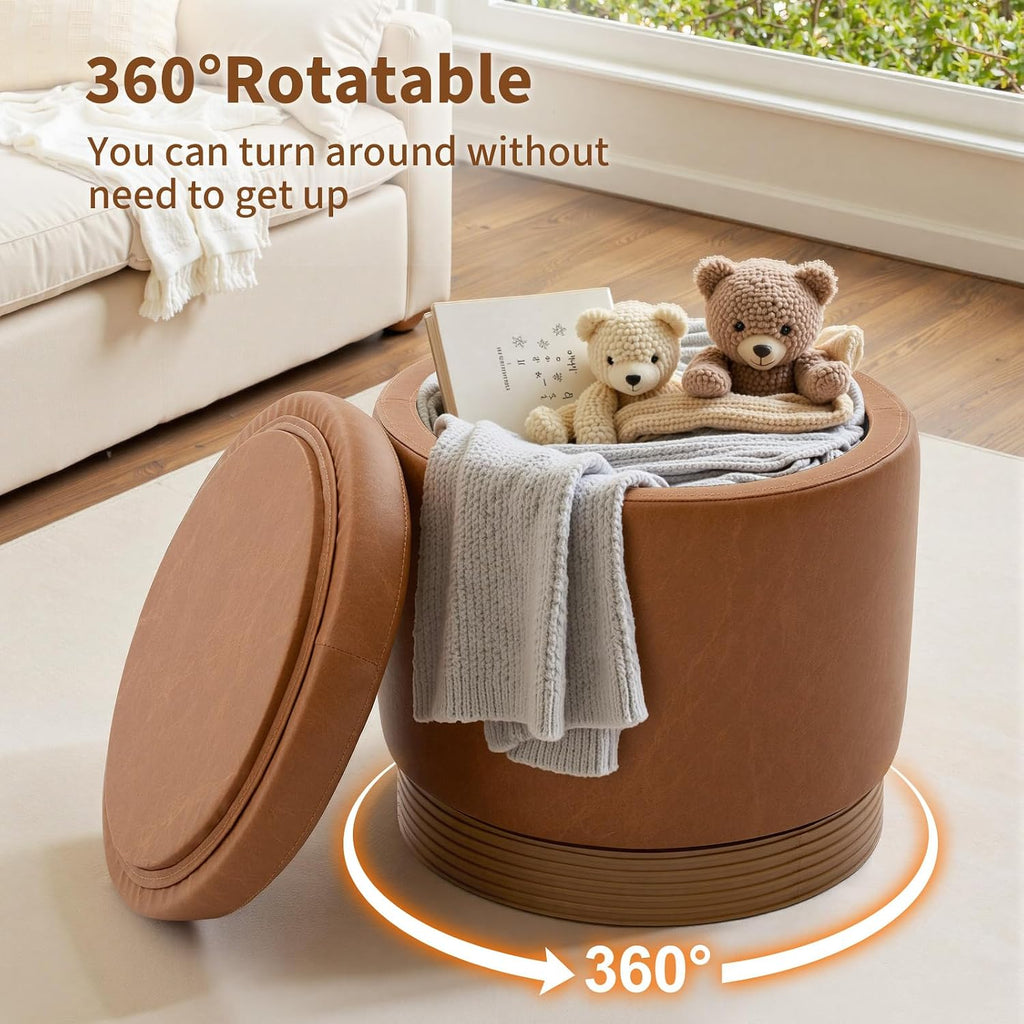Brown Round Swivel Storage Ottoman with Tray Top
