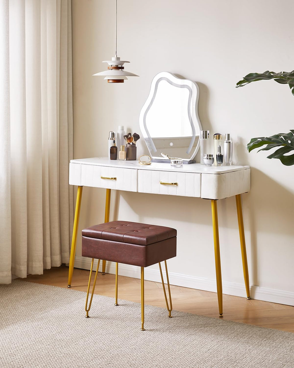 Brown PU Leather Adjustable Flip Top Vanity Stool