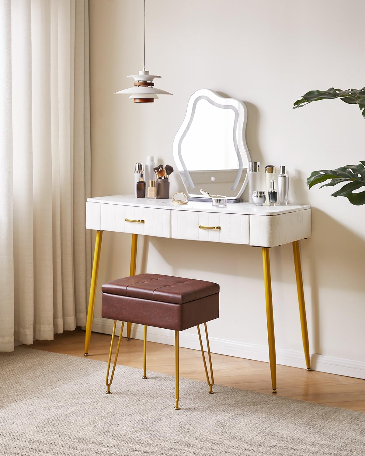 Brown PU Leather Adjustable Flip Top Vanity Stool