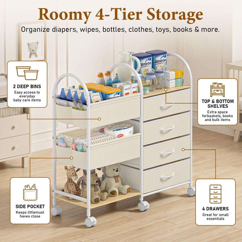 White 4-Tier Rolling Nursery Storage Cart