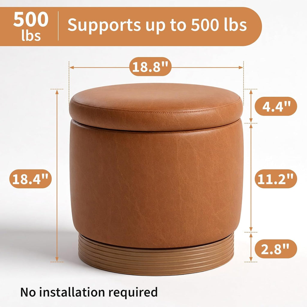 Brown Round Swivel Storage Ottoman with Tray Top