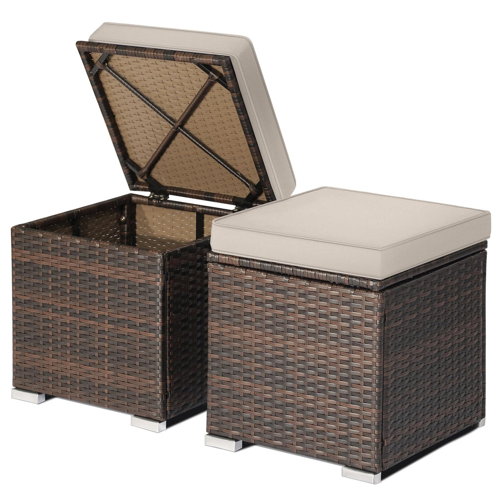 2 Pack PE Rattan Outdoor Ottoman with Soft Cushions