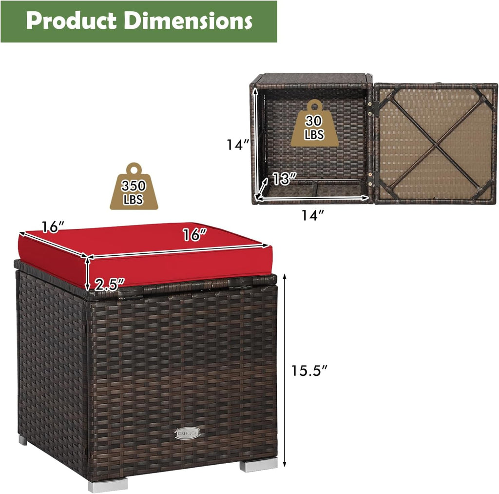 2 Pack PE Rattan Outdoor Ottoman with Soft Cushions