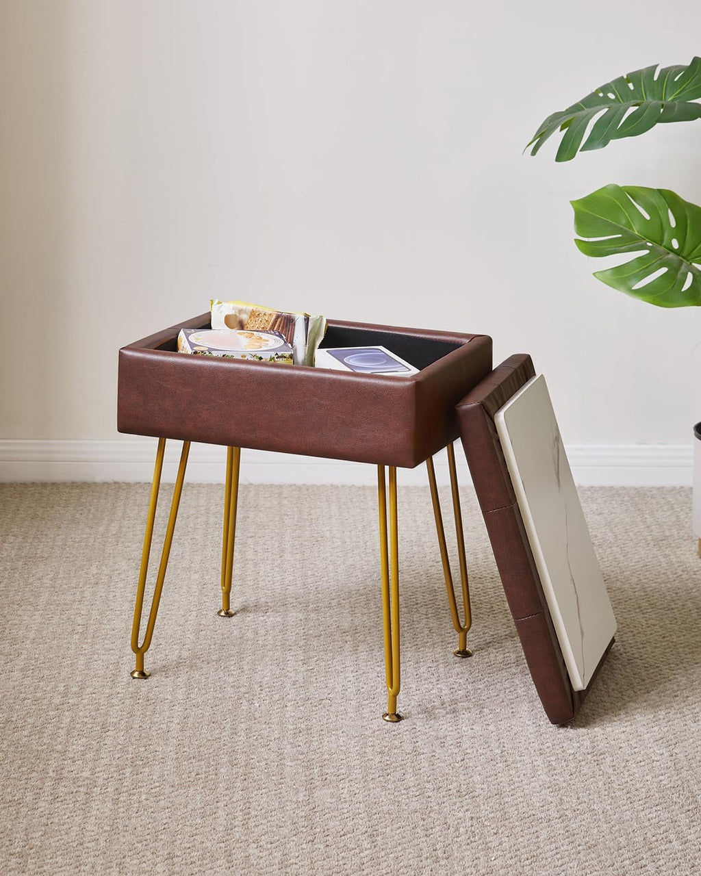 Brown PU Leather Adjustable Flip Top Vanity Stool