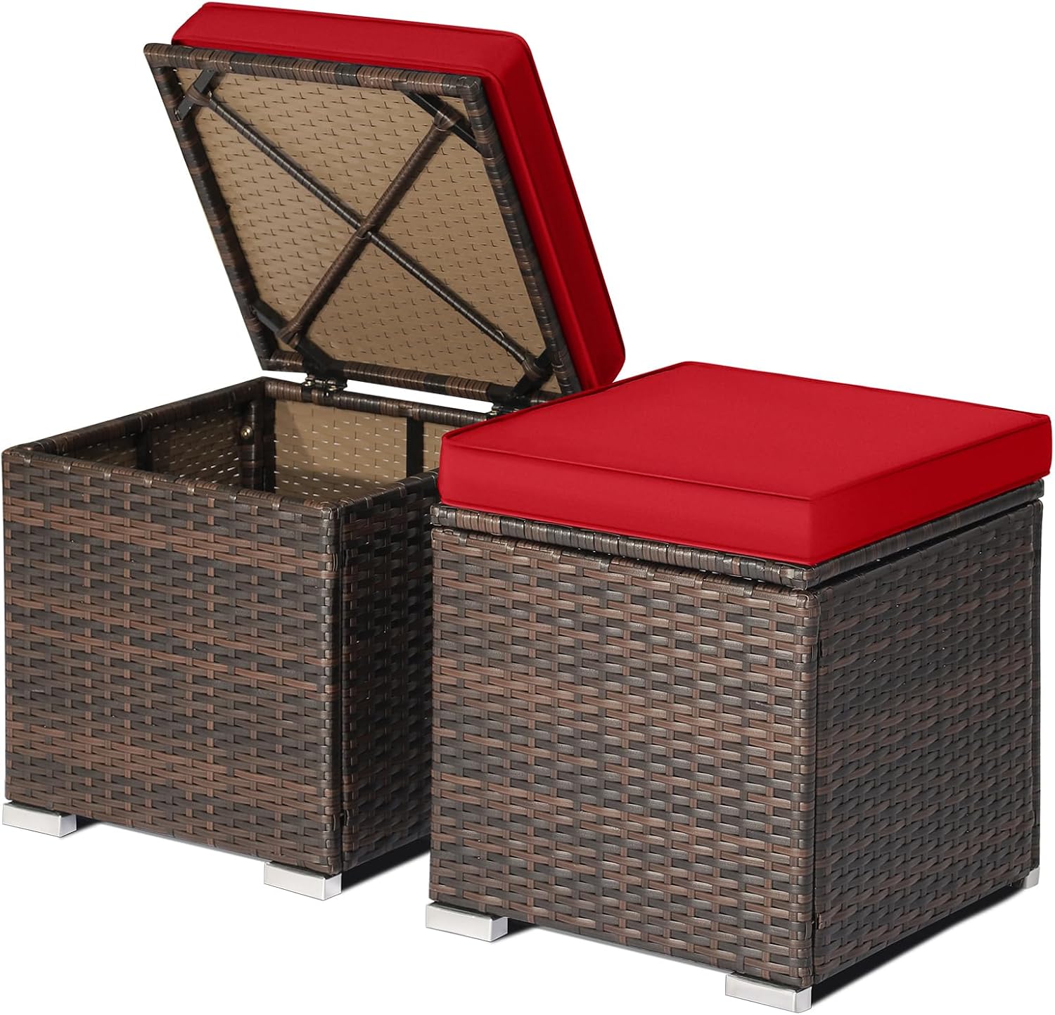 2 Pack PE Rattan Outdoor Ottoman with Soft Cushions