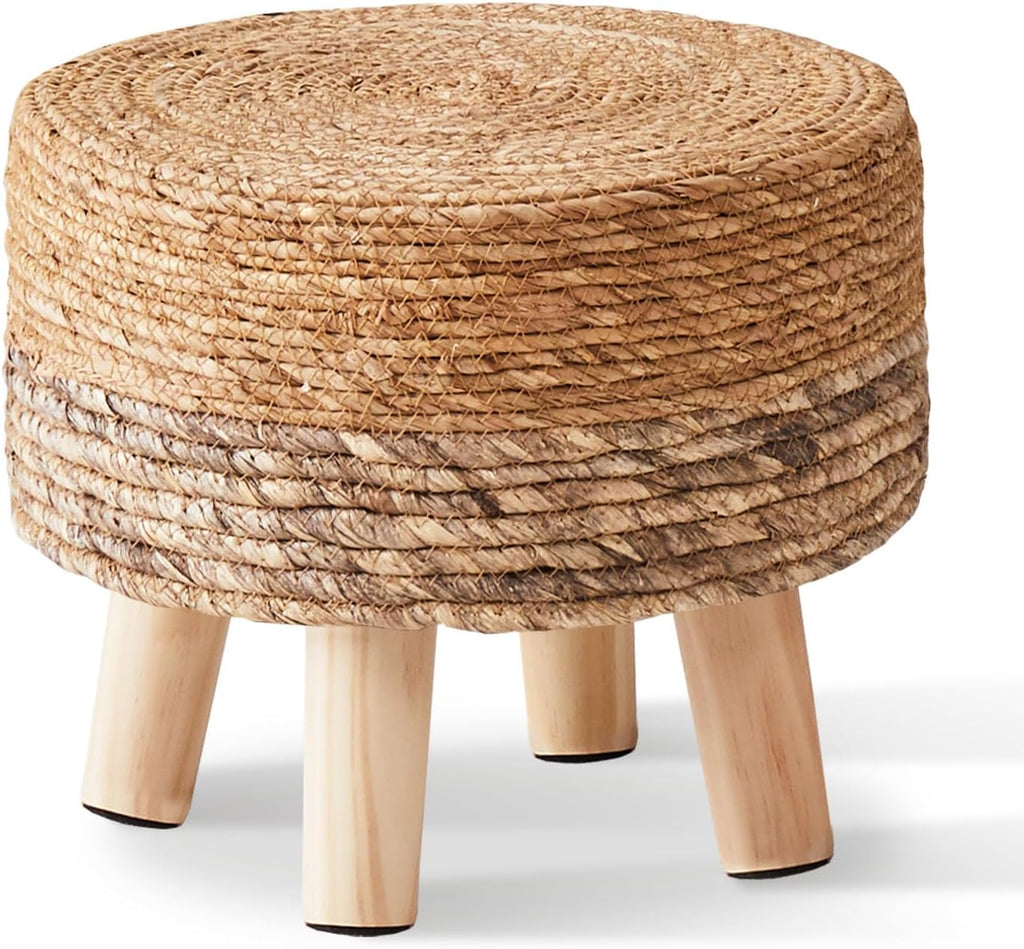 Handwoven Round Seagrass Padded Outdoor Ottoman Stool