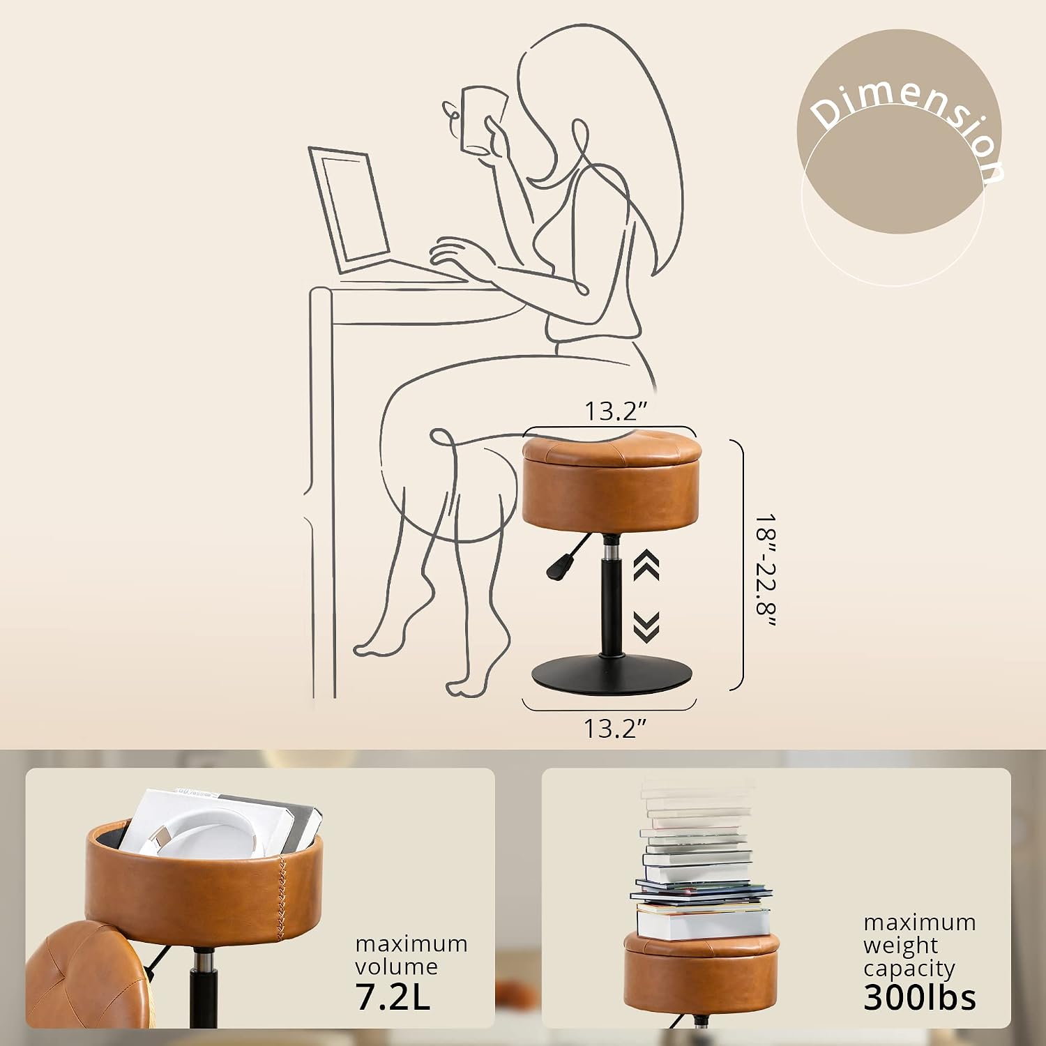 Brown Adjustable Swivel Storage Vanity Stool