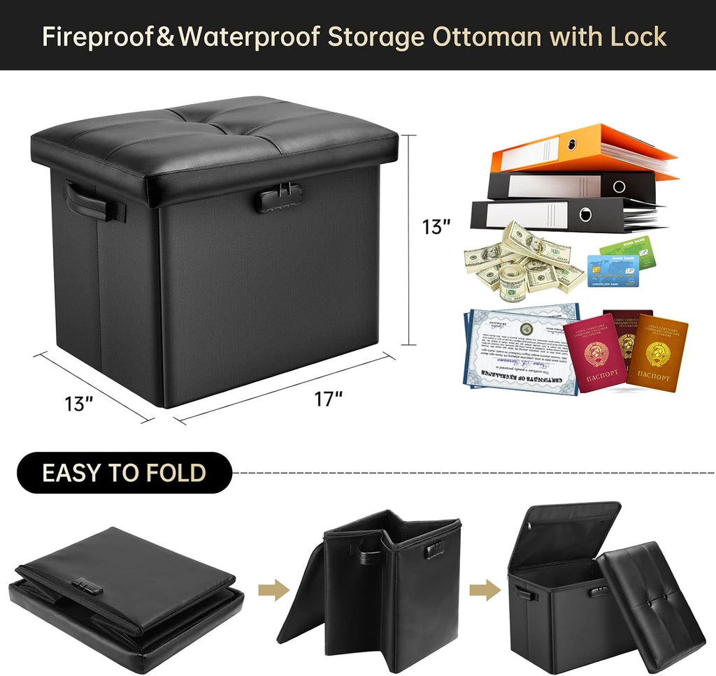 Black Fireproof Lockable Folding Storage Ottoman