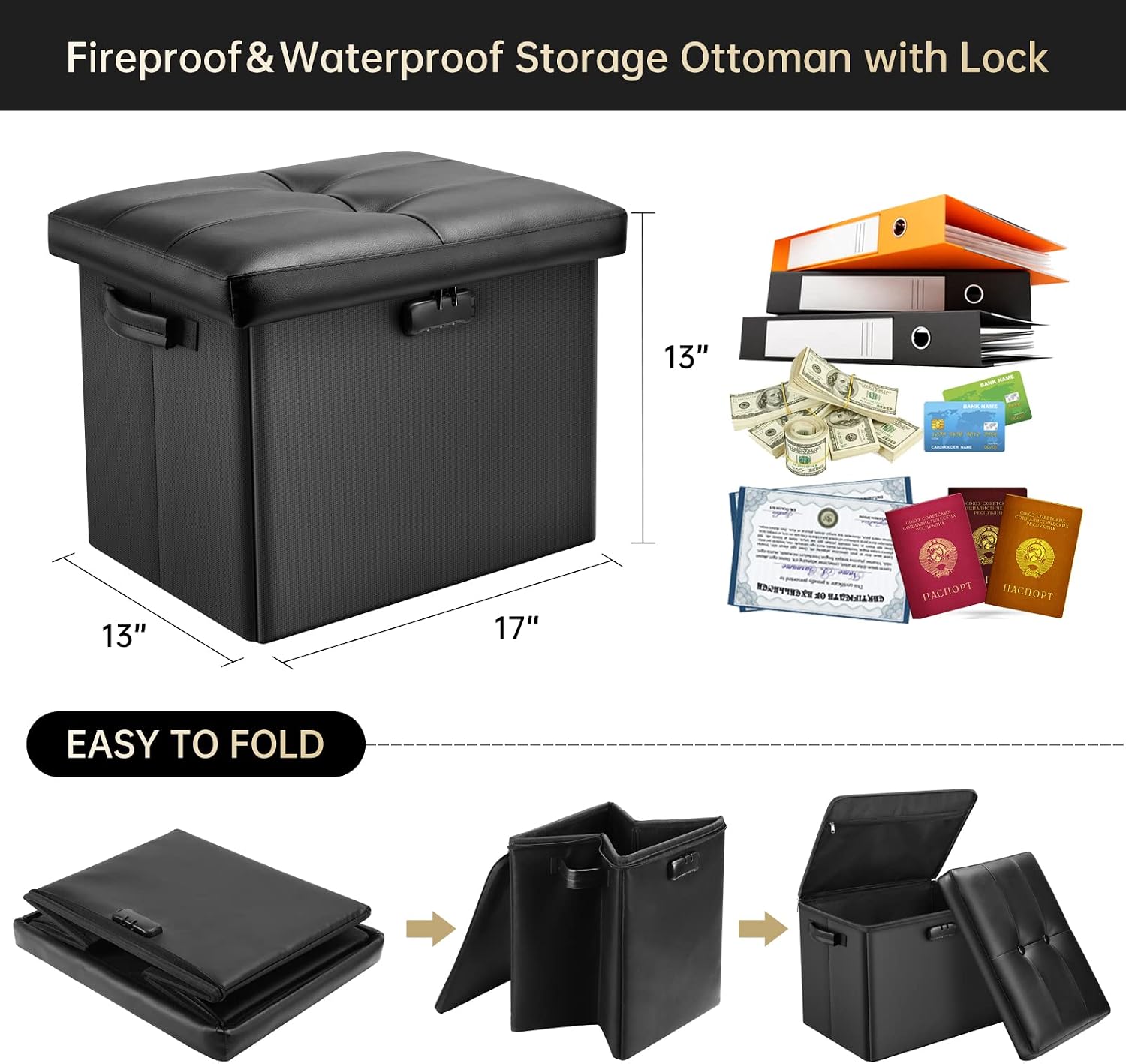 Black Fireproof Lockable Folding Storage Ottoman