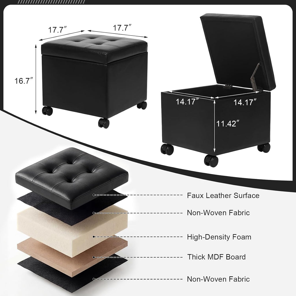 Black Tufted Wheeled Square Leather Storage Ottoman