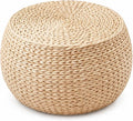 Natural Straw Round Pouf with Solid Wood Frame