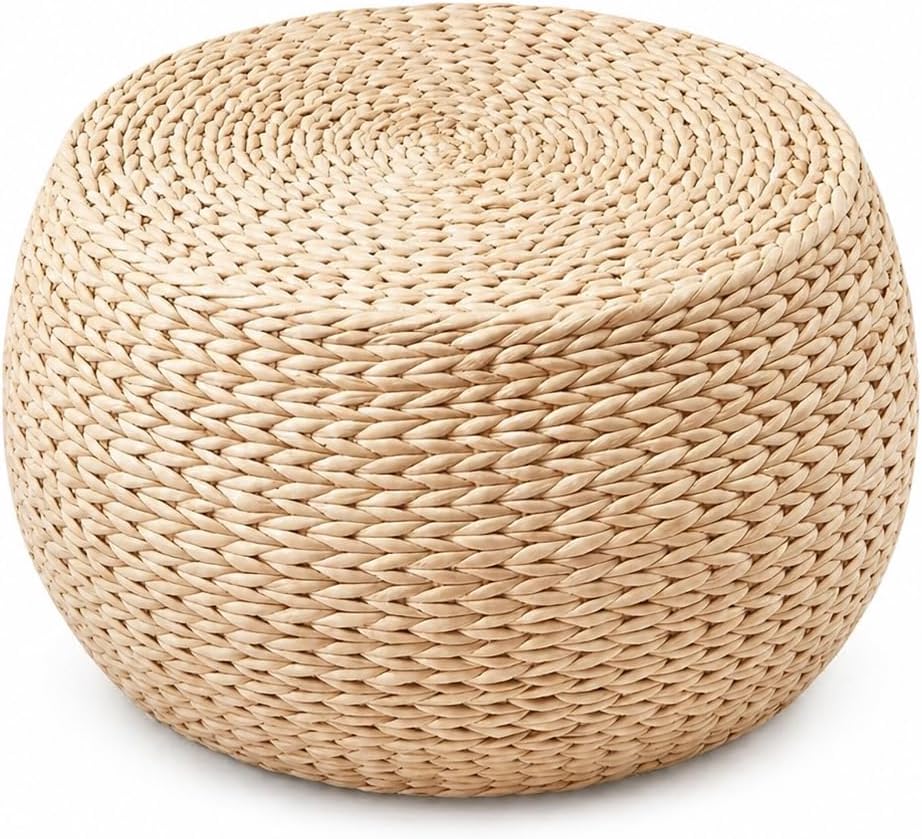 Natural Straw Round Pouf with Solid Wood Frame