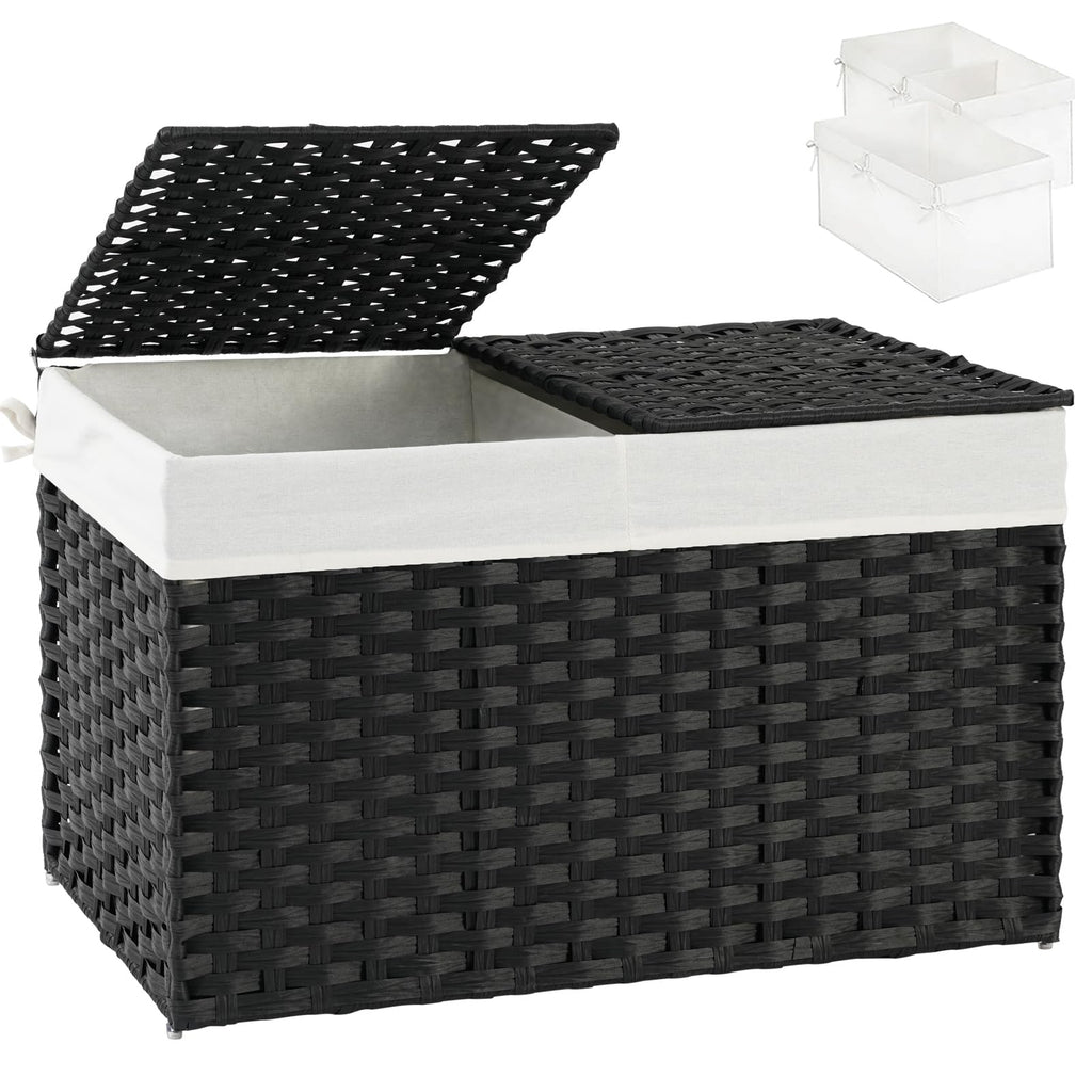 Large Rattan Storage Basket with Dual Lids & Liners