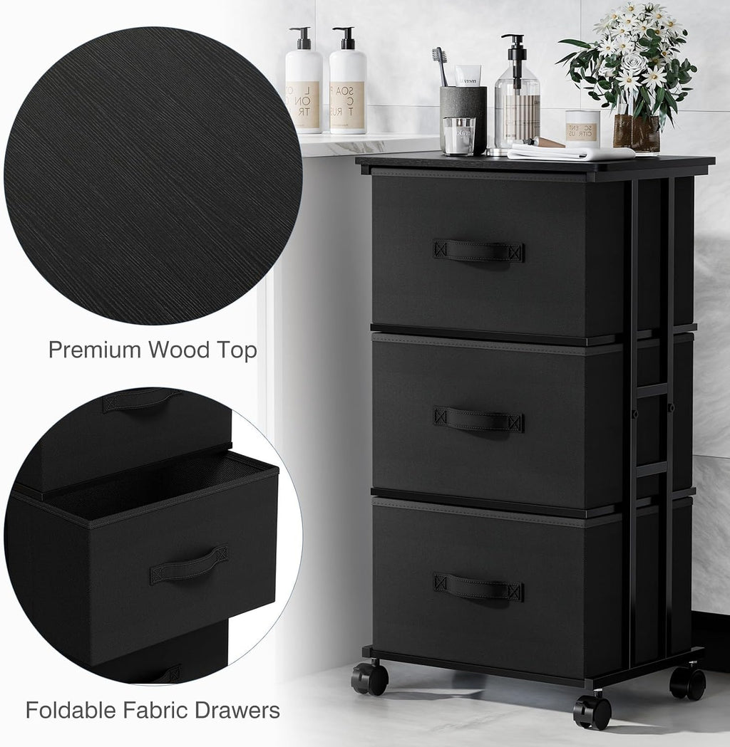 Black 3-Drawer Wheeled Fabric Storage Dresser